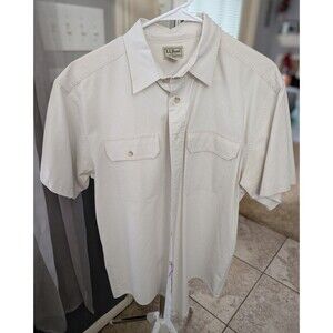 LL Bean Shirt Mens Large Khaki Sunwashed Canvas Two Pocket Casual Long Sleeve th